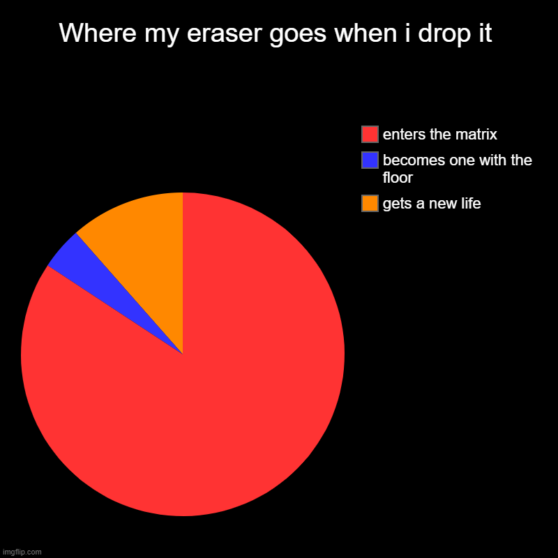 relatable? | Where my eraser goes when i drop it | gets a new life, becomes one with the floor, enters the matrix | image tagged in charts,pie charts | made w/ Imgflip chart maker