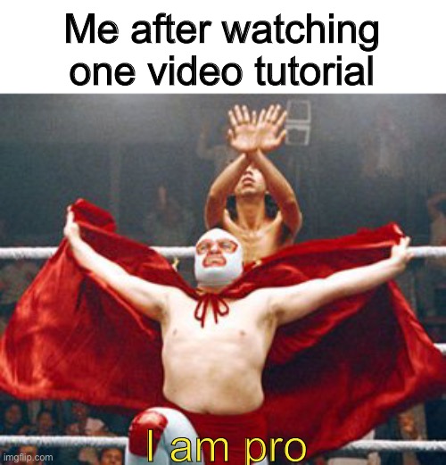Relatable? | Me after watching one video tutorial; I am pro | image tagged in nacho libre-i am pro,pro | made w/ Imgflip meme maker