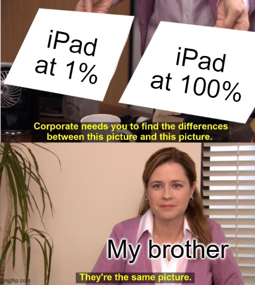 My brother yet again |  iPad at 1%; iPad at 100%; My brother | image tagged in memes,they're the same picture,ipad,apple,low battery,full battery | made w/ Imgflip meme maker