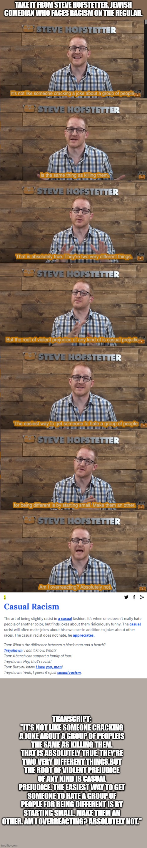 Seeing someone partake in racial humor? This might help them understand why that's not okay. | TAKE IT FROM STEVE HOFSTETTER, JEWISH COMEDIAN WHO FACES RACISM ON THE REGULAR. TRANSCRIPT:
"IT'S NOT LIKE SOMEONE CRACKING A JOKE ABOUT A GROUP OF PEOPLEIS THE SAME AS KILLING THEM. THAT IS ABSOLUTELY TRUE. THEY'RE TWO VERY DIFFERENT THINGS.BUT THE ROOT OF VIOLENT PREJUDICE OF ANY KIND IS CASUAL PREJUDICE. THE EASIEST WAY TO GET SOMEONE TO HATE A GROUP OF PEOPLE FOR BEING DIFFERENT IS BY STARTING SMALL. MAKE THEM AN OTHER. AM I OVERREACTING? ABSOLUTELY NOT." | image tagged in racist,humor,meme,steve hofstetter,jewish comedian,politicstoo | made w/ Imgflip meme maker
