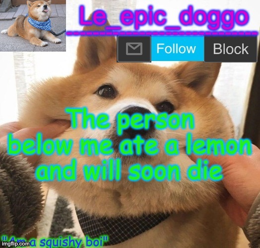 Am a squishy boi temp | The person below me ate a lemon and will soon die | image tagged in am a squishy boi temp | made w/ Imgflip meme maker