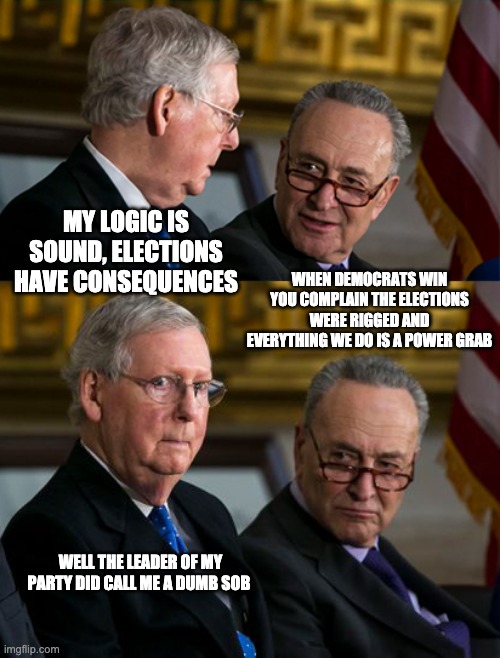 Mitch and Chuck | MY LOGIC IS SOUND, ELECTIONS HAVE CONSEQUENCES WHEN DEMOCRATS WIN YOU COMPLAIN THE ELECTIONS WERE RIGGED AND EVERYTHING WE DO IS A POWER GRA | image tagged in mitch and chuck | made w/ Imgflip meme maker
