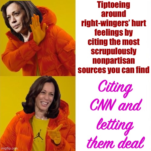 CNN has a slight liberal bias, but it’s tremendously exaggerated. Just cite it. Don’t fall for their gaslighting | Tiptoeing around right-wingers’ hurt feelings by citing the most scrupulously nonpartisan sources you can find; Citing CNN and letting them deal | image tagged in kamala harris hotline bling,cnn,mainstream media,media,argument,conservative logic | made w/ Imgflip meme maker
