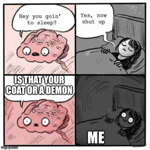 I SWEAR THEY COME TO LIFE | IS THAT YOUR COAT OR A DEMON; ME | image tagged in hey you going to sleep | made w/ Imgflip meme maker