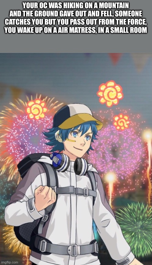 Pokémon rp btw | YOUR OC WAS HIKING ON A MOUNTAIN AND THE GROUND GAVE OUT AND FELL, SOMEONE CATCHES YOU BUT YOU PASS OUT FROM THE FORCE, YOU WAKE UP ON A AIR MATRESS, IN A SMALL ROOM | made w/ Imgflip meme maker