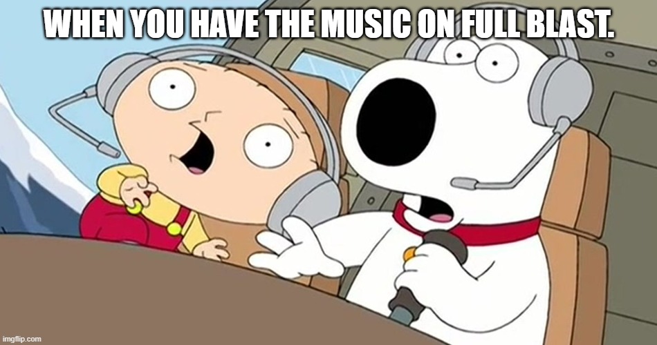 Brian and Stewiw listening to VERY LOUD music. | WHEN YOU HAVE THE MUSIC ON FULL BLAST. | image tagged in brian and stewie - whoa,family guy,family guy brian,stewie griffin,brian griffin | made w/ Imgflip meme maker