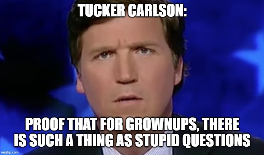 The Adult World Isn't The Third Grade | TUCKER CARLSON:; PROOF THAT FOR GROWNUPS, THERE IS SUCH A THING AS STUPID QUESTIONS | image tagged in tucker carlson,questions,dumb people,stupid people,conservative logic,basket of deplorables | made w/ Imgflip meme maker