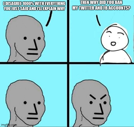 NPC Meme | I DISAGREE 1000% WITH EVERYTHING YOU JUST SAID AND I'LL EXPLAIN WHY THEN WHY DID YOU BAN MY TWITTER AND FB ACCOUNTS? | image tagged in npc meme | made w/ Imgflip meme maker