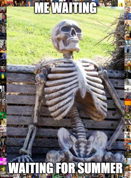 Waiting Skeleton | ME WAITING; WAITING FOR SUMMER | image tagged in memes,funni,lol,obama stick it up,so true,true story | made w/ Imgflip meme maker