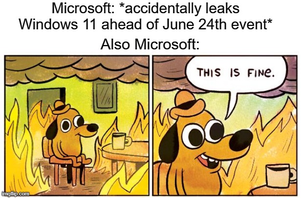 Microsoft, what the hell are you doing?! | Microsoft: *accidentally leaks Windows 11 ahead of June 24th event*; Also Microsoft: | image tagged in memes,this is fine,microsoft,windows 11,funny memes | made w/ Imgflip meme maker