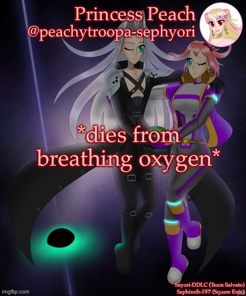 *dies from breathing oxygen* | image tagged in sayori and sephiroth | made w/ Imgflip meme maker