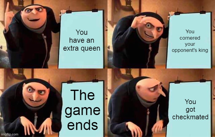 Gru's Plan Meme | You have an extra queen; You cornered your opponent's king; The game ends; You got checkmated | image tagged in memes,gru's plan | made w/ Imgflip meme maker