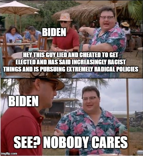 See Nobody Cares | BIDEN; HEY THIS GUY LIED AND CHEATED TO GET ELECTED AND HAS SAID INCREASINGLY RACIST THINGS AND IS PURSUING EXTREMELY RADICAL POLICIES; BIDEN; SEE? NOBODY CARES | image tagged in memes,see nobody cares | made w/ Imgflip meme maker