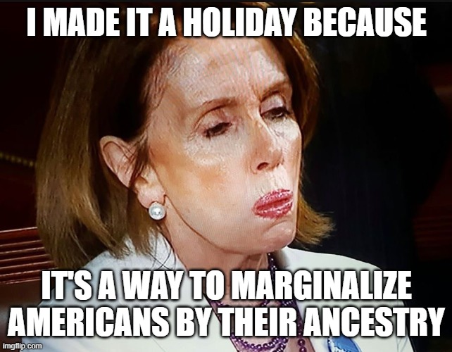 Nancy Pelosi PB Sandwich | I MADE IT A HOLIDAY BECAUSE IT'S A WAY TO MARGINALIZE AMERICANS BY THEIR ANCESTRY | image tagged in nancy pelosi pb sandwich | made w/ Imgflip meme maker