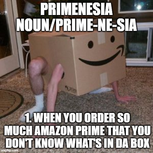 PRIME-NE-SIA |  PRIMENESIA
NOUN/PRIME-NE-SIA; 1. WHEN YOU ORDER SO MUCH AMAZON PRIME THAT YOU DON'T KNOW WHAT'S IN DA BOX | image tagged in amazon box guy | made w/ Imgflip meme maker
