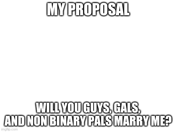Pls approve fast (respond in comments) | MY PROPOSAL; WILL YOU GUYS, GALS, AND NON BINARY PALS MARRY ME? | image tagged in blank white template | made w/ Imgflip meme maker