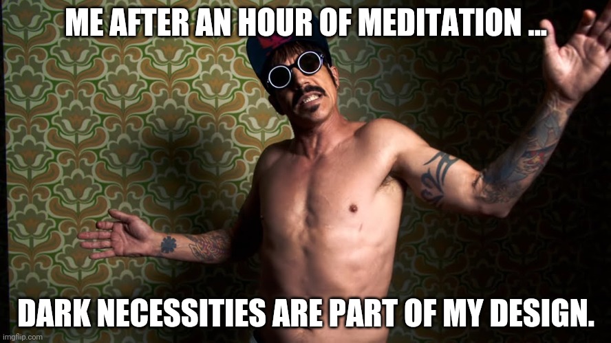 Dark necessities | ME AFTER AN HOUR OF MEDITATION ... DARK NECESSITIES ARE PART OF MY DESIGN. | image tagged in meditation | made w/ Imgflip meme maker