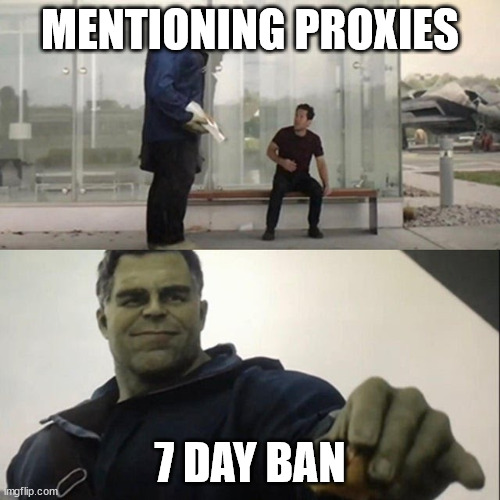 Hulk and ant man | MENTIONING PROXIES; 7 DAY BAN | image tagged in hulk and ant man | made w/ Imgflip meme maker