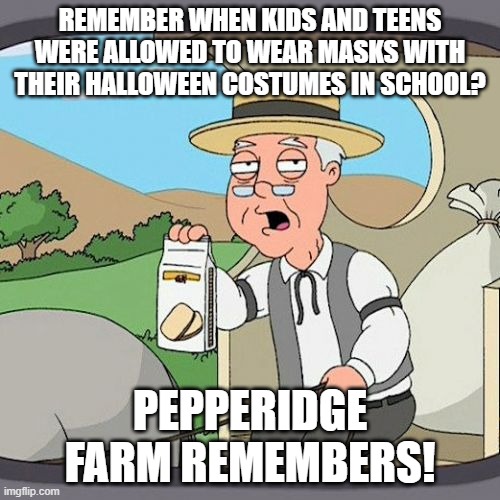 Oh, how I wish we could go back. |  REMEMBER WHEN KIDS AND TEENS WERE ALLOWED TO WEAR MASKS WITH THEIR HALLOWEEN COSTUMES IN SCHOOL? PEPPERIDGE FARM REMEMBERS! | image tagged in memes,pepperidge farm remembers,the good old days,halloween,school | made w/ Imgflip meme maker