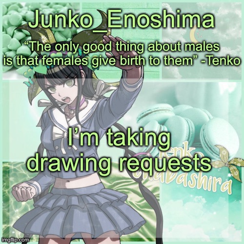 E | I’m taking drawing requests | image tagged in junko's tenko temp | made w/ Imgflip meme maker