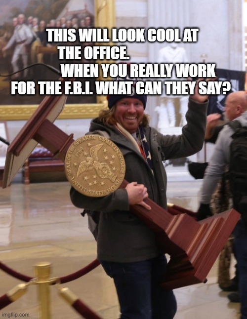 Capitol Clown Fiesta | THIS WILL LOOK COOL AT THE OFFICE.                                WHEN YOU REALLY WORK FOR THE F.B.I. WHAT CAN THEY SAY? | image tagged in capitol clown fiesta | made w/ Imgflip meme maker