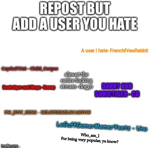 You’ll never guess which one I added | Who_am_I
For being very popular, ya know? | made w/ Imgflip meme maker