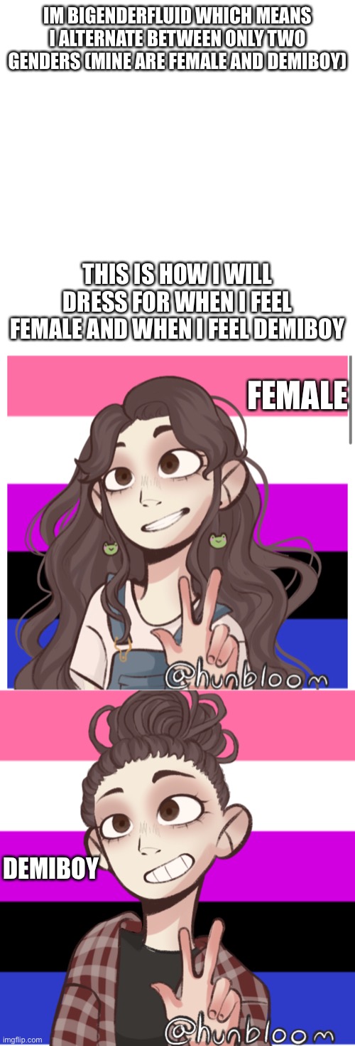 Idk im bored | IM BIGENDERFLUID WHICH MEANS I ALTERNATE BETWEEN ONLY TWO GENDERS (MINE ARE FEMALE AND DEMIBOY); THIS IS HOW I WILL DRESS FOR WHEN I FEEL FEMALE AND WHEN I FEEL DEMIBOY; FEMALE; DEMIBOY | image tagged in memes,blank transparent square | made w/ Imgflip meme maker