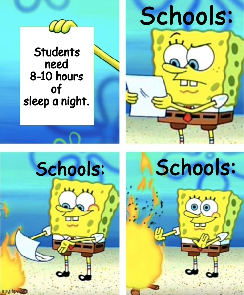 True: | Schools:; Students need 8-10 hours of sleep a night. Schools:; Schools: | image tagged in spongebob burning paper,original meme | made w/ Imgflip meme maker