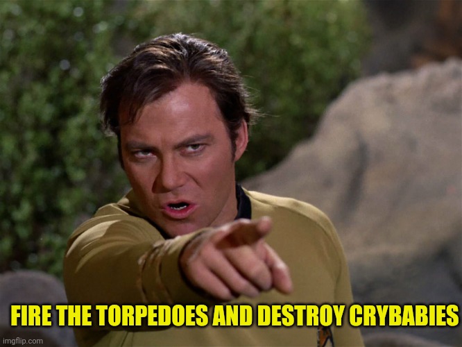 Kirk Angry Pointing | FIRE THE TORPEDOES AND DESTROY CRYBABIES | image tagged in kirk angry pointing | made w/ Imgflip meme maker