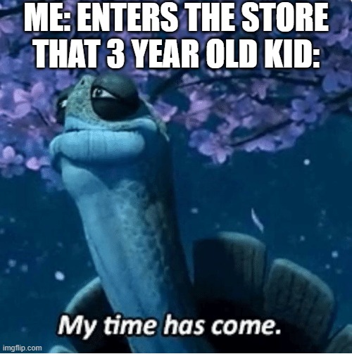 My Time Has Come | ME: ENTERS THE STORE
THAT 3 YEAR OLD KID: | image tagged in my time has come | made w/ Imgflip meme maker