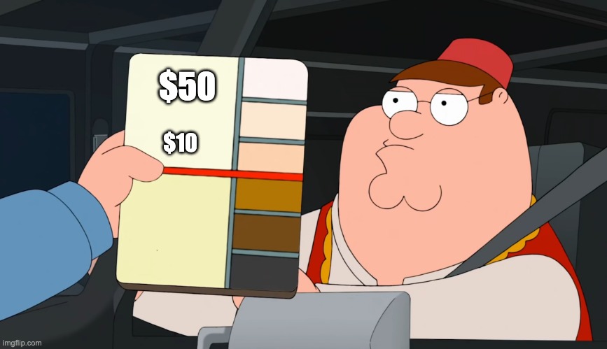 family guy race card | $50; $10 | image tagged in family guy race card | made w/ Imgflip meme maker