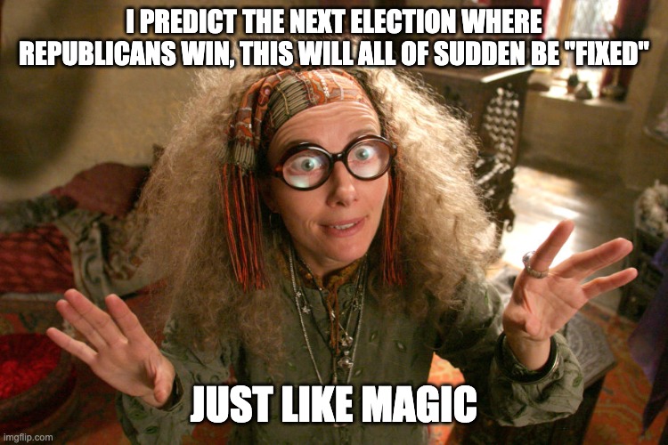Kooky Professor Trelawney | I PREDICT THE NEXT ELECTION WHERE REPUBLICANS WIN, THIS WILL ALL OF SUDDEN BE "FIXED" JUST LIKE MAGIC | image tagged in kooky professor trelawney | made w/ Imgflip meme maker