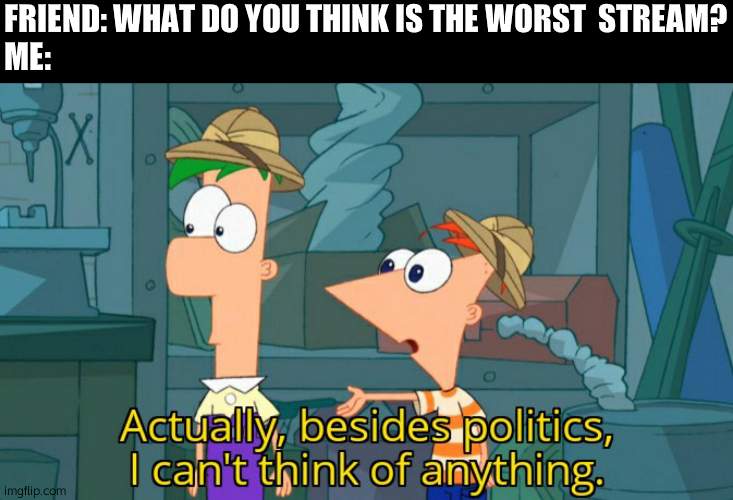 Besides politics I can't think of anything | FRIEND: WHAT DO YOU THINK IS THE WORST  STREAM?
ME: | image tagged in besides politics i can't think of anything | made w/ Imgflip meme maker