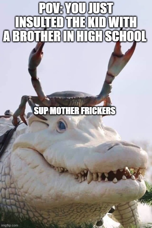 Crab on Crocodile | POV: YOU JUST INSULTED THE KID WITH A BROTHER IN HIGH SCHOOL; SUP MOTHER FRICKERS | image tagged in crab on crocodile | made w/ Imgflip meme maker