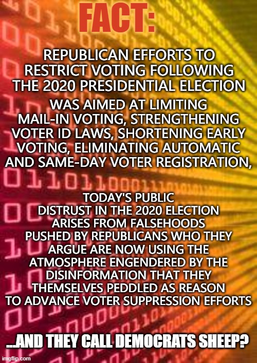 Protect your right to vote | FACT:; REPUBLICAN EFFORTS TO RESTRICT VOTING FOLLOWING THE 2020 PRESIDENTIAL ELECTION; WAS AIMED AT LIMITING MAIL-IN VOTING, STRENGTHENING VOTER ID LAWS, SHORTENING EARLY VOTING, ELIMINATING AUTOMATIC AND SAME-DAY VOTER REGISTRATION, TODAY'S PUBLIC DISTRUST IN THE 2020 ELECTION ARISES FROM FALSEHOODS PUSHED BY REPUBLICANS WHO THEY ARGUE ARE NOW USING THE ATMOSPHERE ENGENDERED BY THE DISINFORMATION THAT THEY THEMSELVES PEDDLED AS REASON TO ADVANCE VOTER SUPPRESSION EFFORTS; ...AND THEY CALL DEMOCRATS SHEEP? | image tagged in voter suppression,gerrymandering,stop the steal,voter rights,freedom to vote,vote america | made w/ Imgflip meme maker