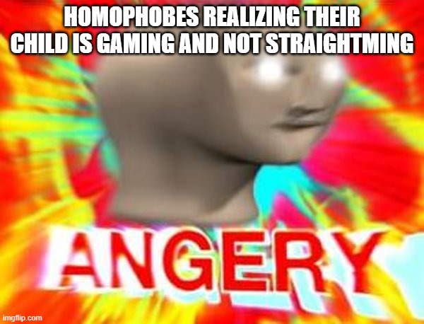 Surreal Angery | HOMOPHOBES REALIZING THEIR CHILD IS GAMING AND NOT STRAIGHTMING | image tagged in surreal angery | made w/ Imgflip meme maker
