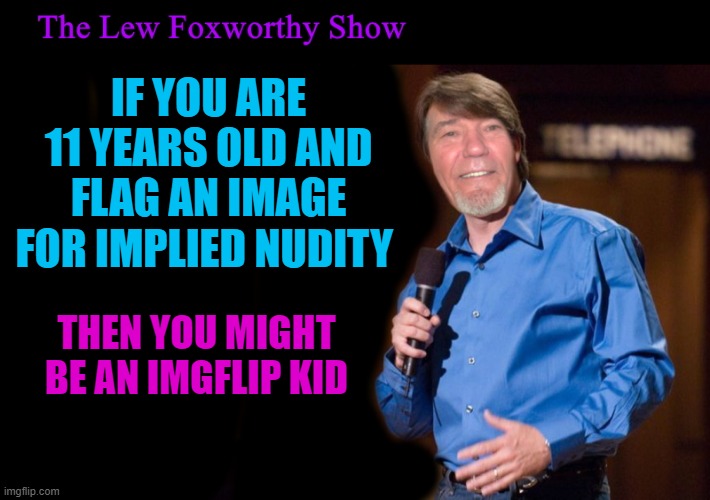the lew foxworthy show | IF YOU ARE 11 YEARS OLD AND FLAG AN IMAGE FOR IMPLIED NUDITY; THEN YOU MIGHT BE AN IMGFLIP KID | image tagged in lew foxworthy,imgflip kids | made w/ Imgflip meme maker
