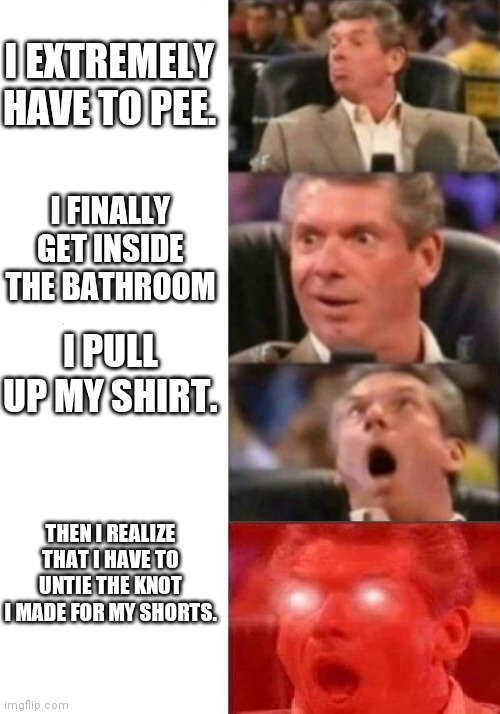 Mr. McMahon reaction |  I EXTREMELY HAVE TO PEE. I FINALLY GET INSIDE THE BATHROOM; I PULL UP MY SHIRT. THEN I REALIZE THAT I HAVE TO UNTIE THE KNOT I MADE FOR MY SHORTS. | image tagged in mr mcmahon reaction | made w/ Imgflip meme maker