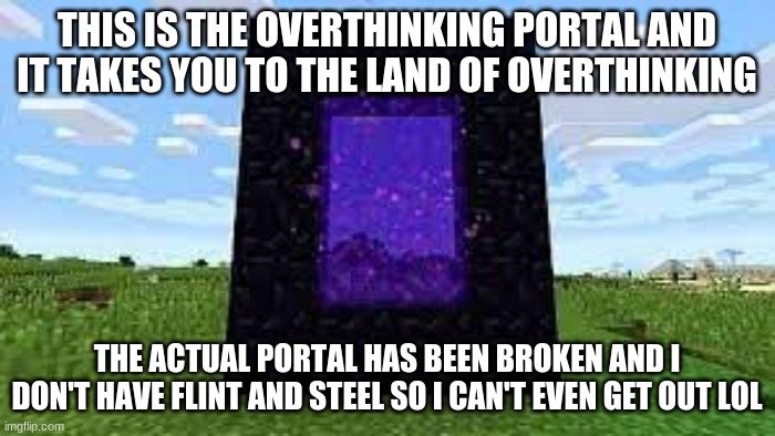 THIS IS THE OVERTHINKING PORTAL AND IT TAKES YOU TO THE LAND OF OVERTHINKING THE ACTUAL PORTAL HAS BEEN BROKEN AND I DON'T HAVE FLINT AND ST | made w/ Imgflip meme maker