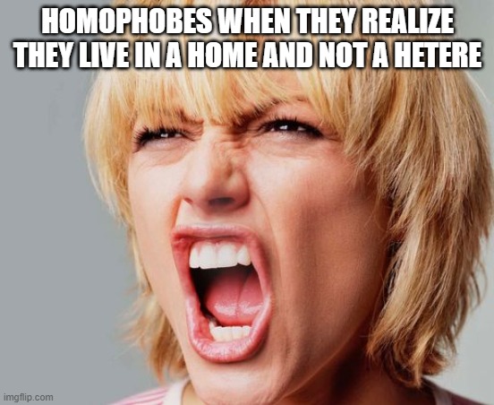 super angry karen | HOMOPHOBES WHEN THEY REALIZE THEY LIVE IN A HOME AND NOT A HETERE | image tagged in super angry karen,homophobe,memes,funny,home,karen | made w/ Imgflip meme maker