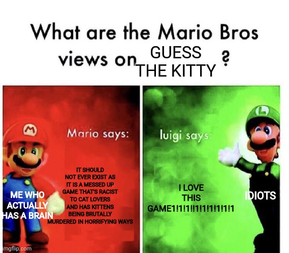 Mario Bros Views | GUESS THE KITTY; IT SHOULD NOT EVER EXIST AS IT IS A MESSED UP GAME THAT'S RACIST TO CAT LOVERS AND HAS KITTENS BEING BRUTALLY MURDERED IN HORRIFYING WAYS; I LOVE THIS GAME1!1!1!!1!1!1!1!1!1; ME WHO ACTUALLY HAS A BRAIN; IDIOTS | image tagged in lol | made w/ Imgflip meme maker