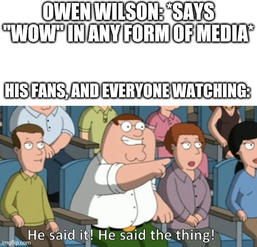 He said the thing | OWEN WILSON: *SAYS "WOW" IN ANY FORM OF MEDIA*; HIS FANS, AND EVERYONE WATCHING: | image tagged in he said the thing,owen wilson,loki,lightning mcqueen,wow | made w/ Imgflip meme maker