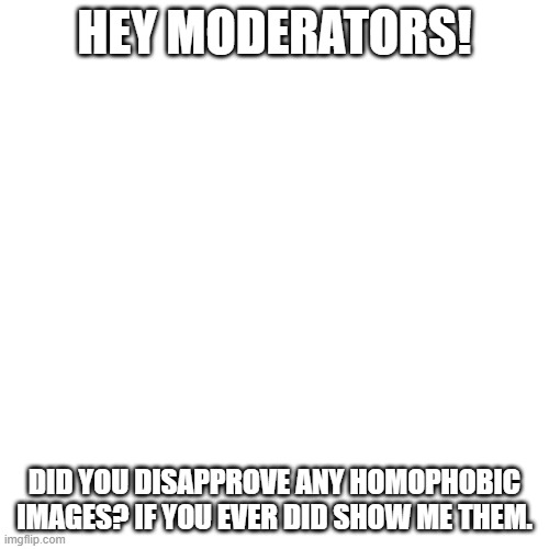 Blank Transparent Square | HEY MODERATORS! DID YOU DISAPPROVE ANY HOMOPHOBIC IMAGES? IF YOU EVER DID SHOW ME THEM. | image tagged in memes,blank transparent square | made w/ Imgflip meme maker