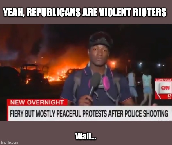 Fiery but mostly peaceful | YEAH, REPUBLICANS ARE VIOLENT RIOTERS Wait... | image tagged in fiery but mostly peaceful | made w/ Imgflip meme maker