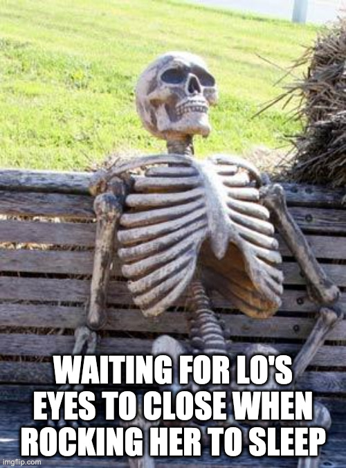 Waiting Skeleton Meme | WAITING FOR LO'S EYES TO CLOSE WHEN ROCKING HER TO SLEEP | image tagged in memes,waiting skeleton | made w/ Imgflip meme maker