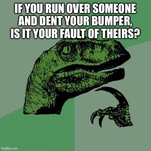 I’m not sure it matters at this point. | IF YOU RUN OVER SOMEONE AND DENT YOUR BUMPER, IS IT YOUR FAULT OF THEIRS? | image tagged in memes,philosoraptor | made w/ Imgflip meme maker