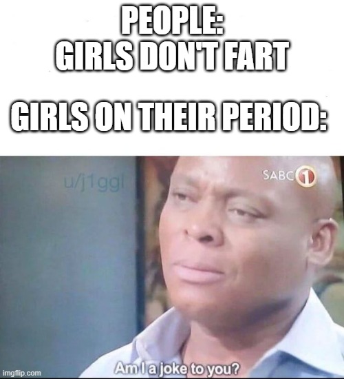 am I a joke to you | PEOPLE: GIRLS DON'T FART; GIRLS ON THEIR PERIOD: | image tagged in am i a joke to you | made w/ Imgflip meme maker