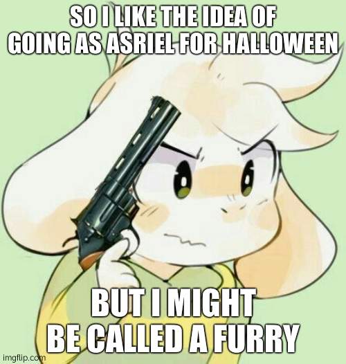 dont mention my username | SO I LIKE THE IDEA OF GOING AS ASRIEL FOR HALLOWEEN; BUT I MIGHT BE CALLED A FURRY | image tagged in asriel gun | made w/ Imgflip meme maker