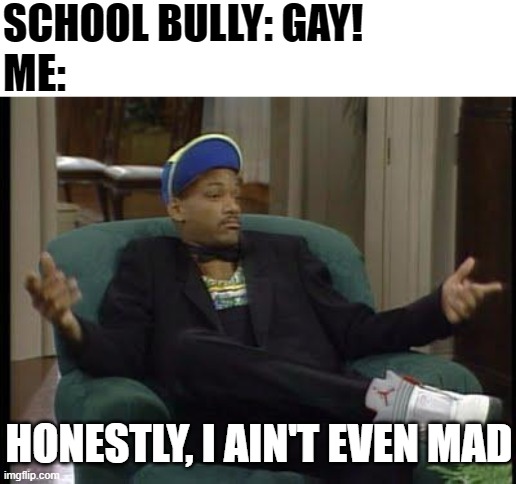 Well, You're not wrong | SCHOOL BULLY: GAY!
ME:; HONESTLY, I AIN'T EVEN MAD | image tagged in i ain't even mad,lgbt,bully,memes,funny,irony | made w/ Imgflip meme maker