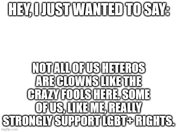 Blank White Template | HEY, I JUST WANTED TO SAY:; NOT ALL OF US HETEROS ARE CLOWNS LIKE THE CRAZY FOOLS HERE. SOME OF US, LIKE ME, REALLY STRONGLY SUPPORT LGBT+ RIGHTS. | image tagged in blank white template,lgbtq | made w/ Imgflip meme maker